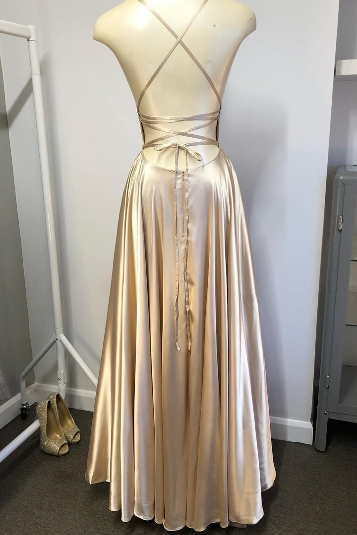 Champagne Lace-Up Satin A-line Wedding Guest Dress