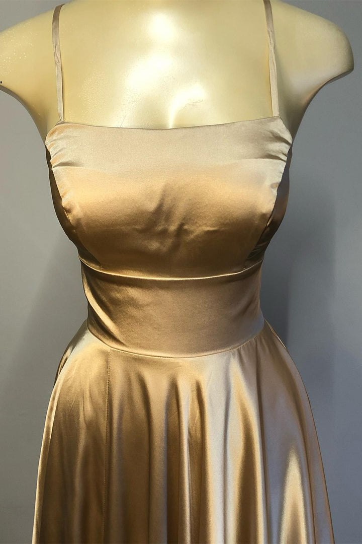 Champagne Lace-Up Satin A-line Wedding Guest Dress