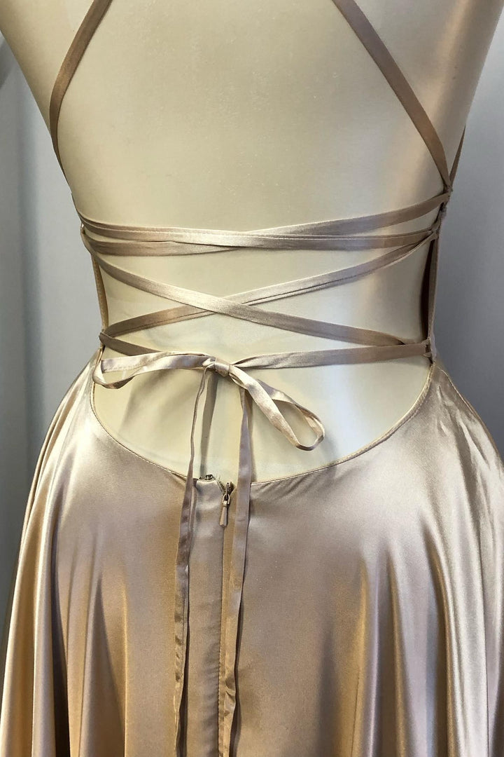 Champagne Lace-Up Satin A-line Wedding Guest Dress
