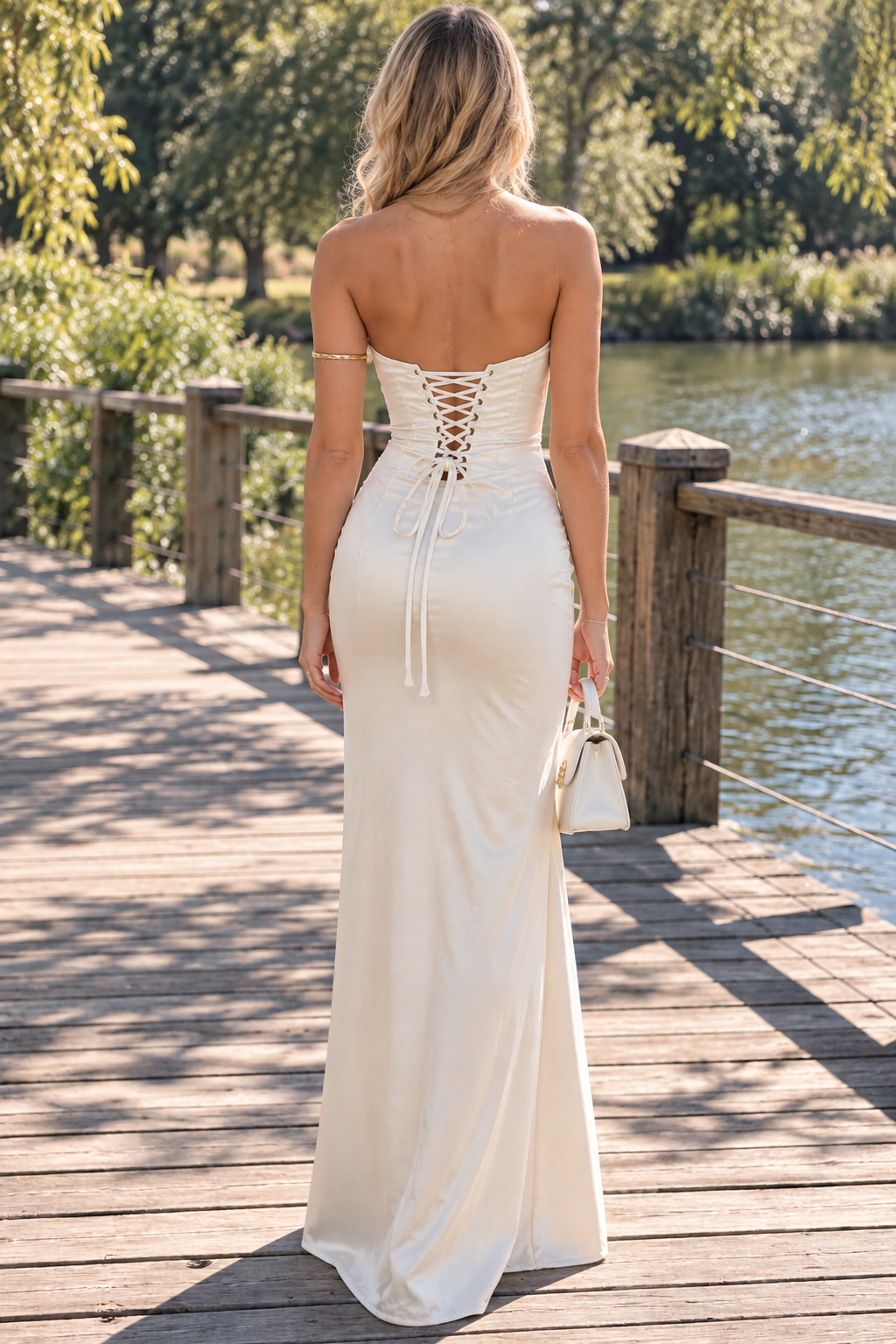 Off-White Strapless Pleats High Slit Satin Sheath Formal Prom Dress
