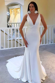 Ivory Plunge V Open Back Mermaid Long Wedding Dress