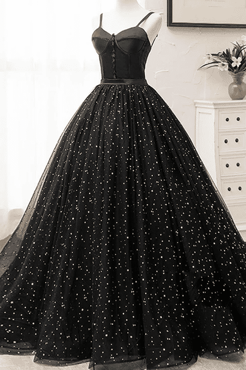 Black A-Line Sweetheart Star Print Empire-Waist Sleeveless Long Prom Formal Dress