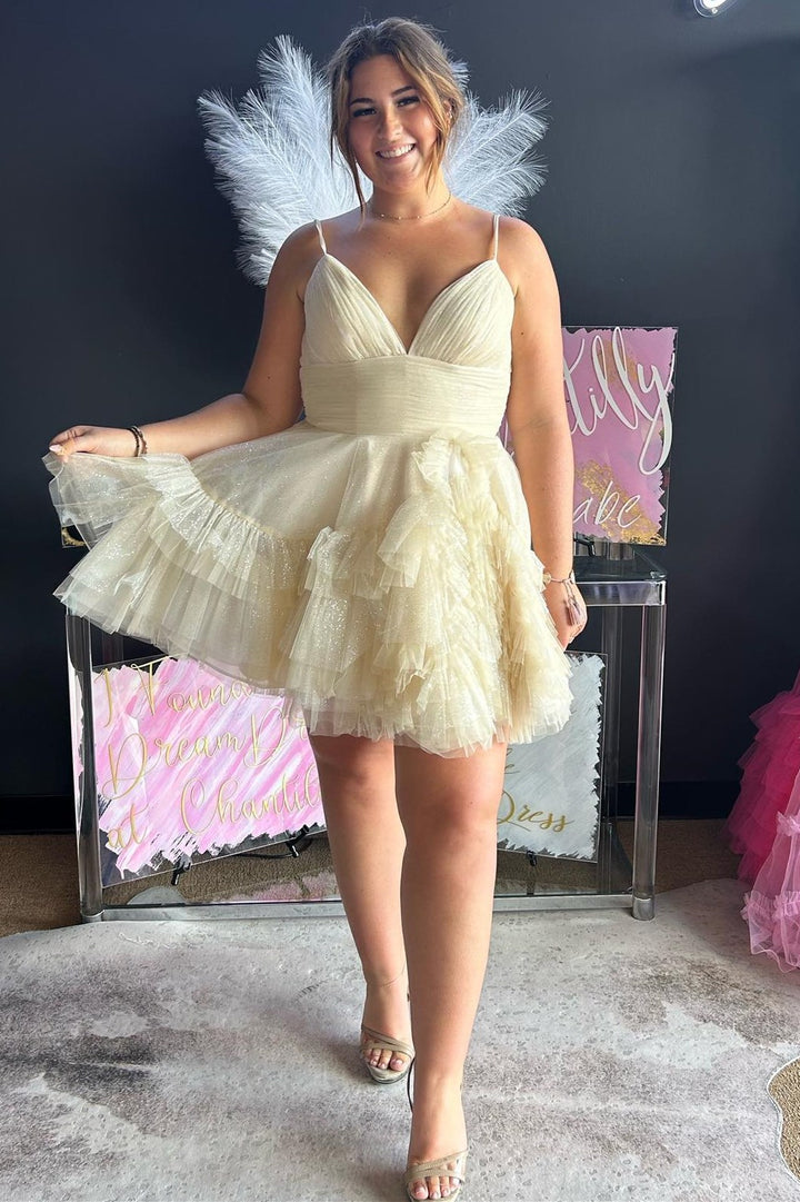 Light Blue Tulle V-Neck Tiered Short Party Dress with Ruffles