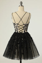 Black Tulle Floral Lace A-Line Short Homecoming Dress