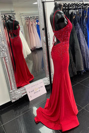 Red Plunge V Appliqué Lace-Up Mermaid Long Prom Dress