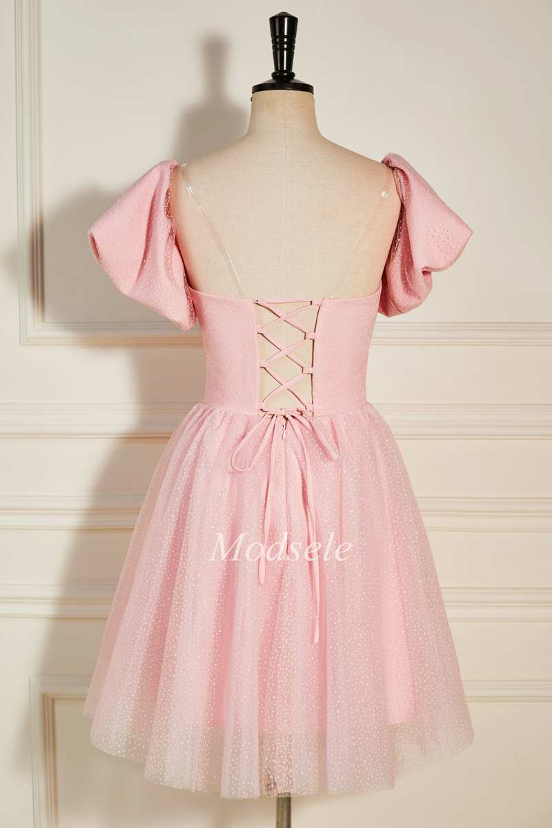 Pink Strapless A-Line Short Party Dress with Puff Sleeves – Modsele Pink Strapless A-Line Short Party Dress with Puff Sleeves – Modsele