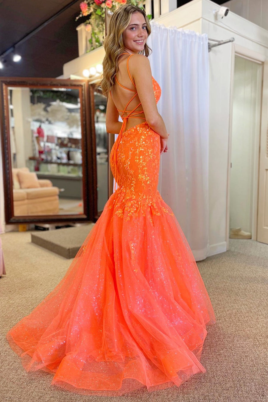 Hot Pink Tulle Lace V-Neck Trumpet Long Prom Dress Modsele Hot Pink Tulle Lace V-Neck Trumpet Long Prom Dress Modsele