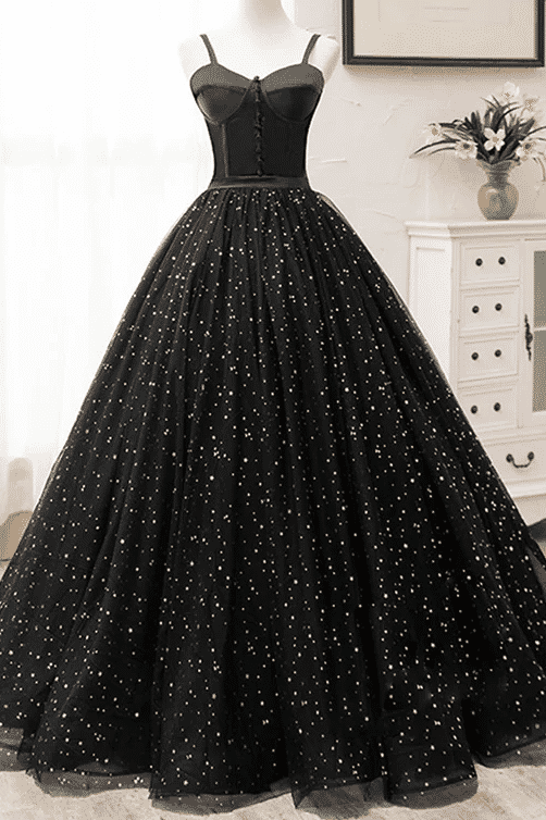 Black A-Line Sweetheart Star Print Empire-Waist Sleeveless Long Prom Formal Dress