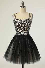 Black Tulle Floral Lace A-Line Short Homecoming Dress