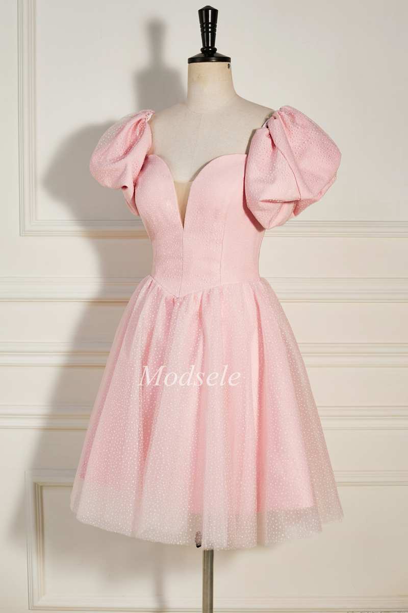 Pink Strapless A-Line Short Party Dress with Puff Sleeves