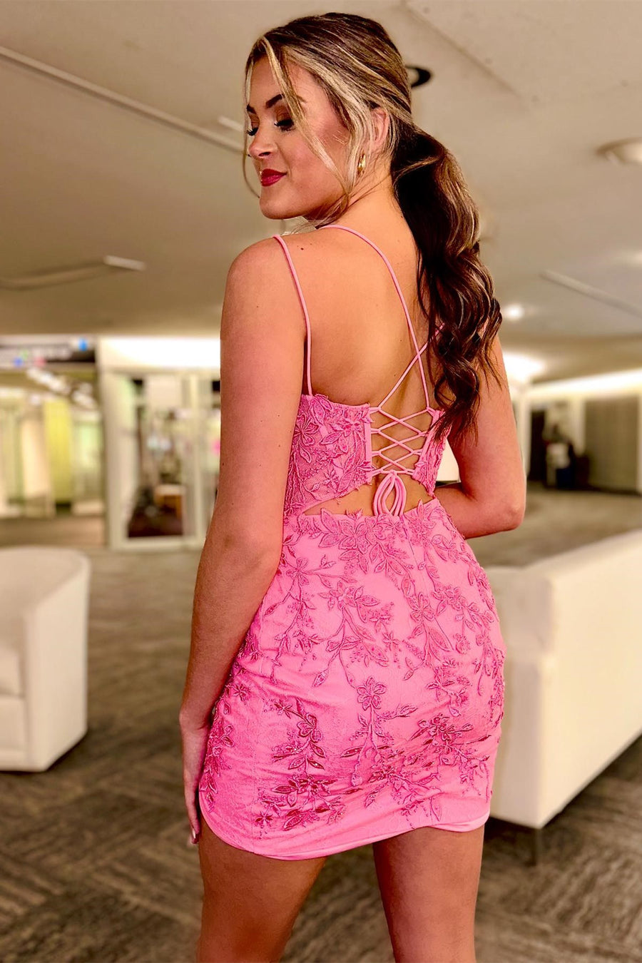 Hot Pink Appliques Plunge V Lace-Up Short Dress Modsele Hot Pink Appliques Plunge V Lace-Up Short Dress Modsele