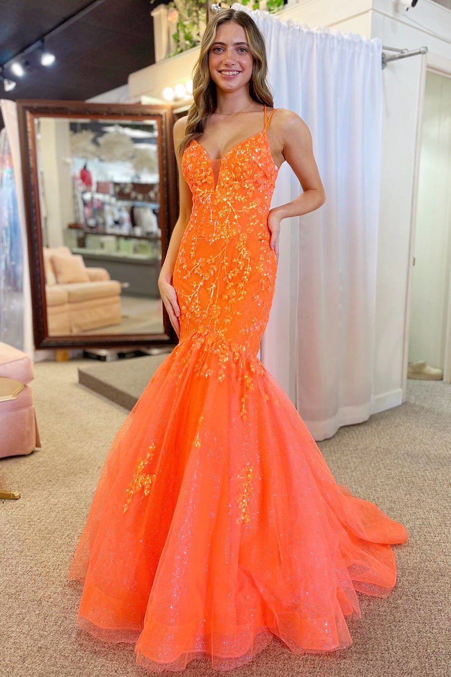 Hot Pink Tulle Lace V-Neck Trumpet Long Prom Dress Modsele Hot Pink Tulle Lace V-Neck Trumpet Long Prom Dress Modsele
