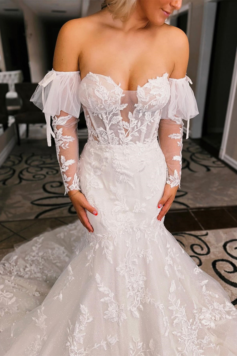 White Floral Lace Sweetheart Trumpet Wedding Dress with Detachable Sle Modsele White Floral Lace Sweetheart Trumpet Wedding Dress with Detachable Sle Modsele