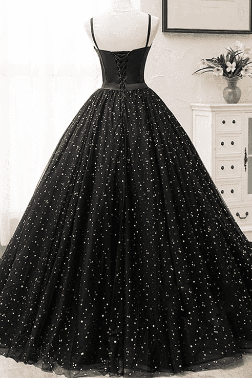 Black A-Line Sweetheart Star Print Empire-Waist Sleeveless Long Prom Formal Dress