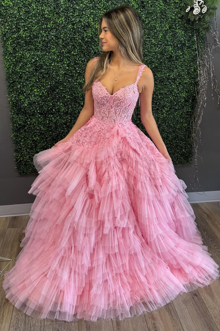 Light Blue Appliques Off-the-Shoulder Ruffle Tiered Long Prom Dress