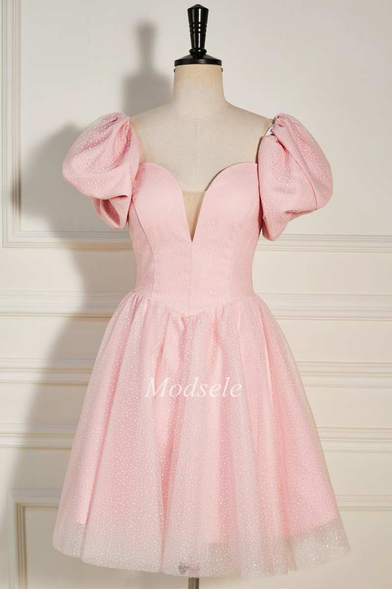 Pink Strapless A-Line Short Party Dress with Puff Sleeves – Modsele Pink Strapless A-Line Short Party Dress with Puff Sleeves – Modsele