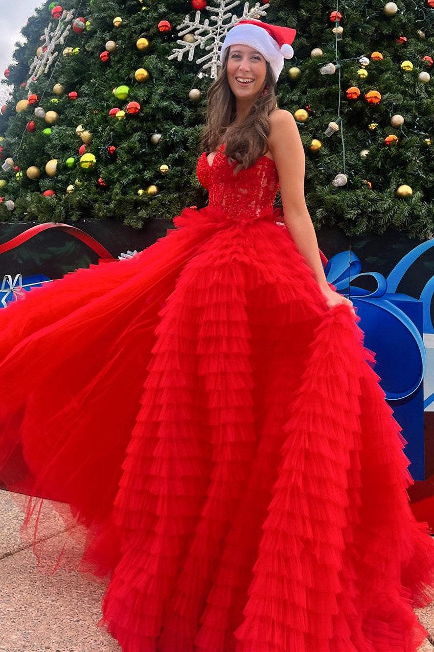 Appliques Sweetheart Ruffle Tiered A-Line Prom Dress in red