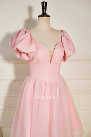 Pink Strapless A-Line Short Party Dress with Puff Sleeves