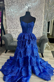 Blue Tulle Sequin Spaghetti Strap Ruffle Tiered Long Gown with Slit