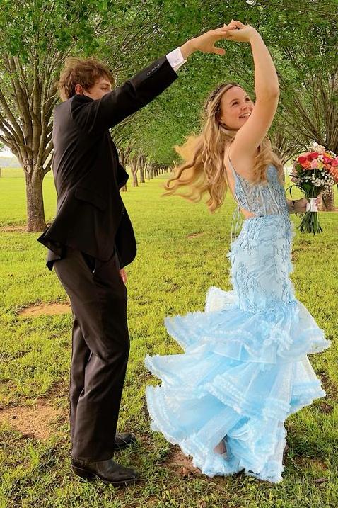 Spaghetti Straps V-Neck Lace Appliques Ruffles Mermaid Prom Dress