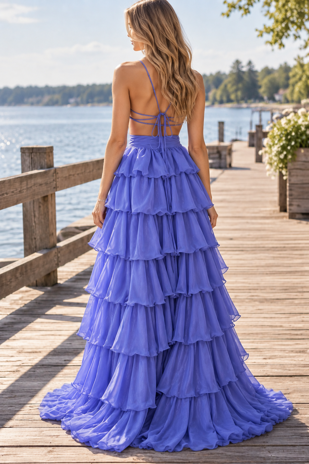 Elegant Purple A-Line V-Neck Tiered Long Formal Prom Dress with Slit