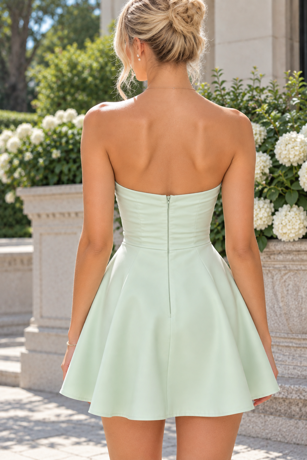 Mint A-Line Strapless Empire-Waist Pleats Satin Short Homecoming Dress