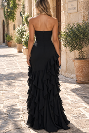 Black Strapless Sleeveless Ruffles High Slit Formal Prom Party Dress