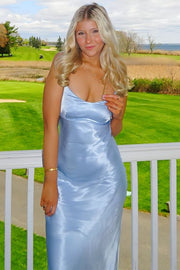 Spaghetti Straps Scoop Neck Satin Pleats Long Formal Prom Dress