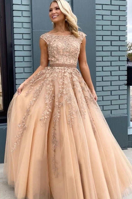 A-Line Empire-Waist Sleeveless Appliques Lace-Up Champagne Long Prom