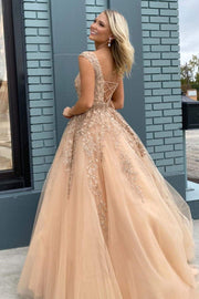 A-Line Empire-Waist Sleeveless Appliques Lace-Up Champagne Long Prom Dress