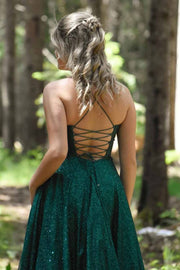 A-Line Spaghetti Straps Glitter Sleeveless Long Prom Dress with Slit