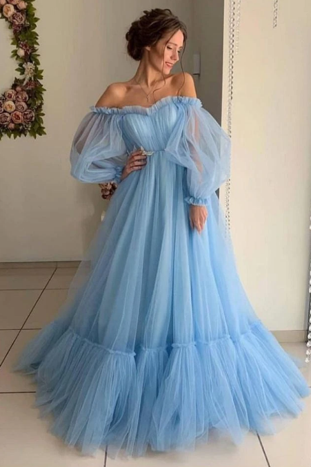 Classy Off-Shoulder A-Line Tulle Long Prom Formal Dress with Sleeves