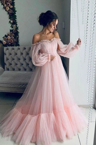 Classy Off-Shoulder A-Line Tulle Long Prom Formal Dress with Sleeves