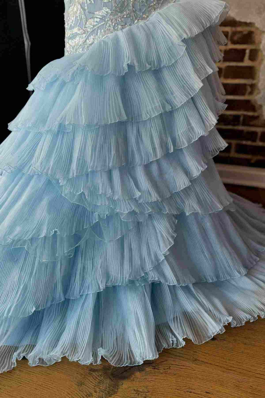 Light Blue One Shoulder Mermaid Ruffles Appliques Long Prom Dress