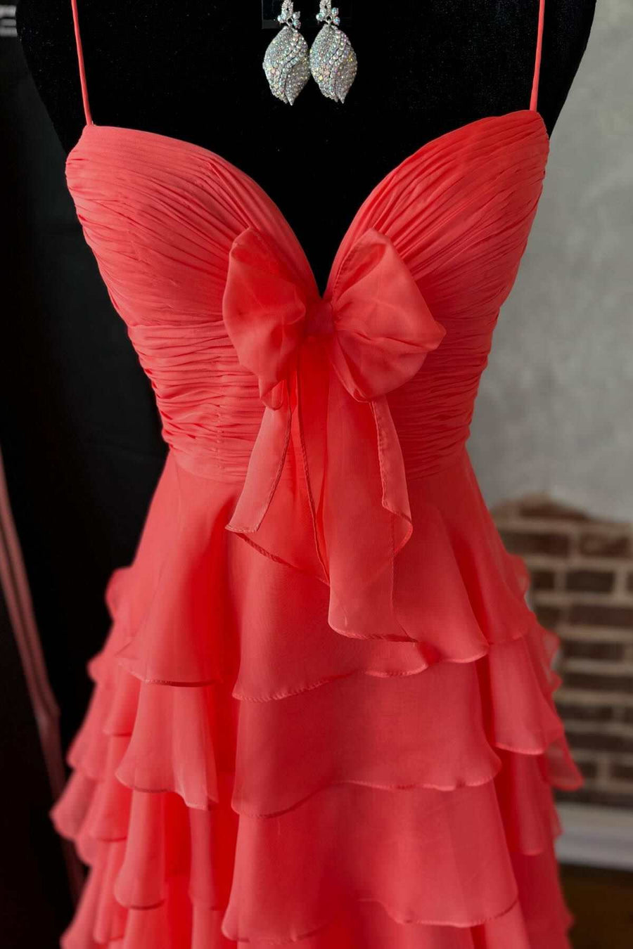 A-Line Spaghetti Straps V-Neck Ruffles Chiffon Long Prom Dress