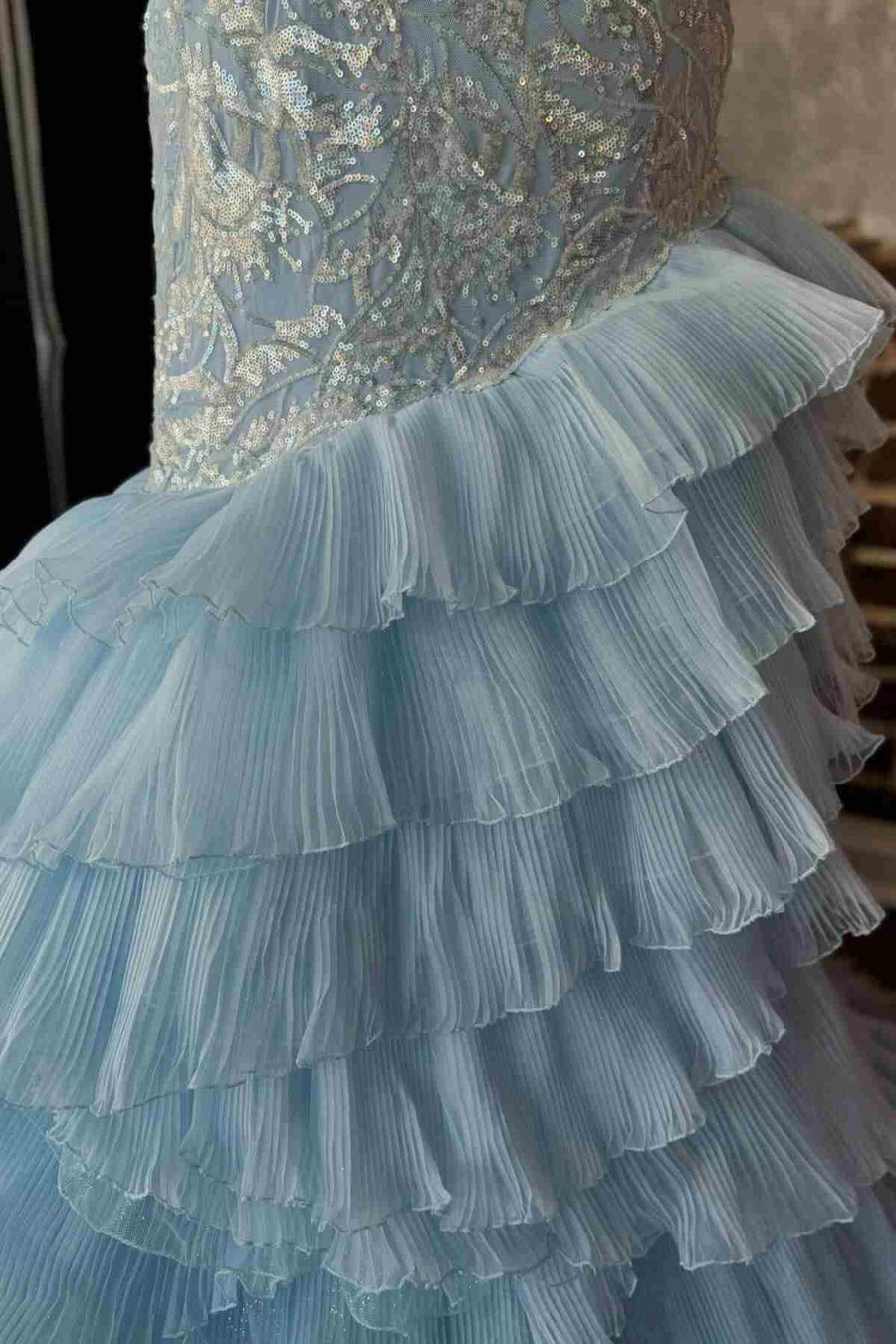 Light Blue One Shoulder Mermaid Ruffles Appliques Long Prom Dress