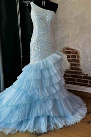 Light Blue One Shoulder Mermaid Ruffles Appliques Long Prom Dress