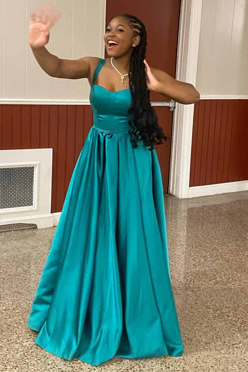 A-Line Scoop Straps Pleated Satin Sleeveless Long Prom Dress