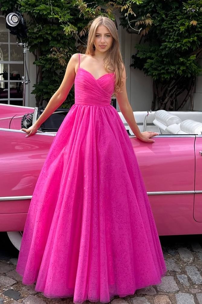Hot Pink Spaghetti Straps V-Neck Pleated A-Line Prom Dress  Modsele