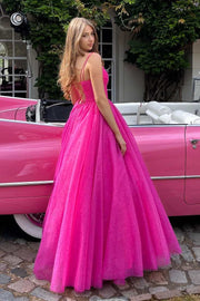 Hot Pink Spaghetti Straps V-Neck Pleated A-Line Prom Dress