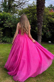 Hot Pink Spaghetti Straps V-Neck Pleated A-Line Prom Dress