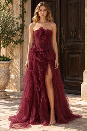 A-Line Strapless Empire-Waist Ruffles Long Prom Evening Dress with Slit