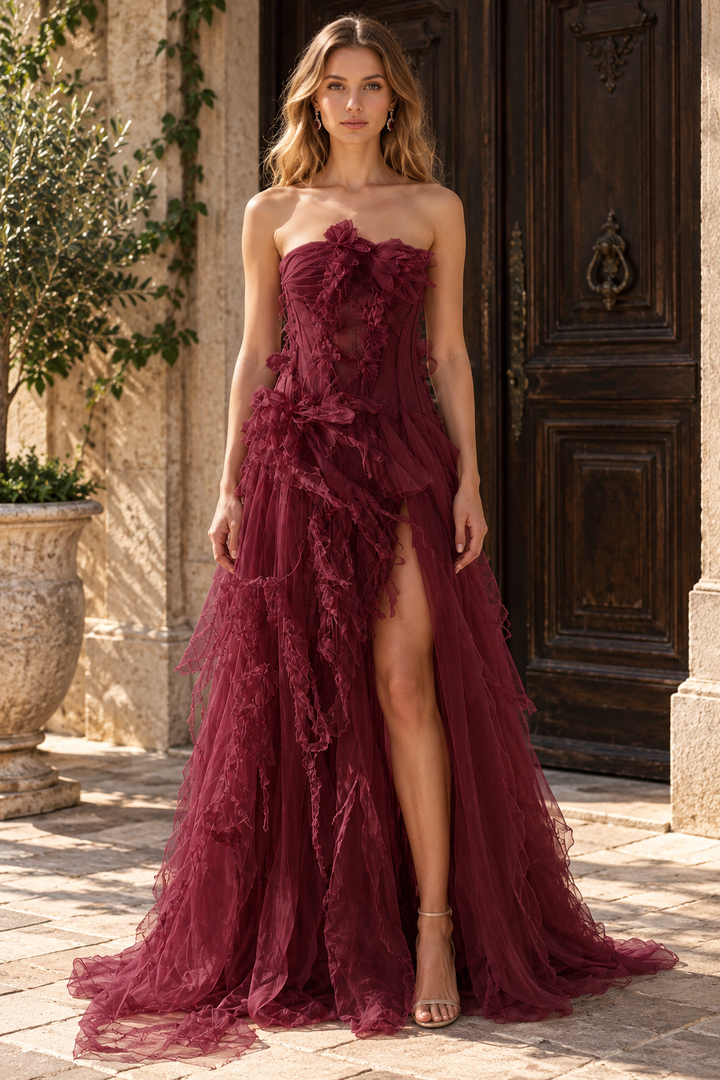 A-Line Strapless Empire-Waist Ruffles Long Prom Evening Dress with Slit