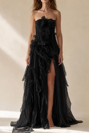 A-Line Strapless Empire-Waist Ruffles Long Prom Evening Dress with Slit