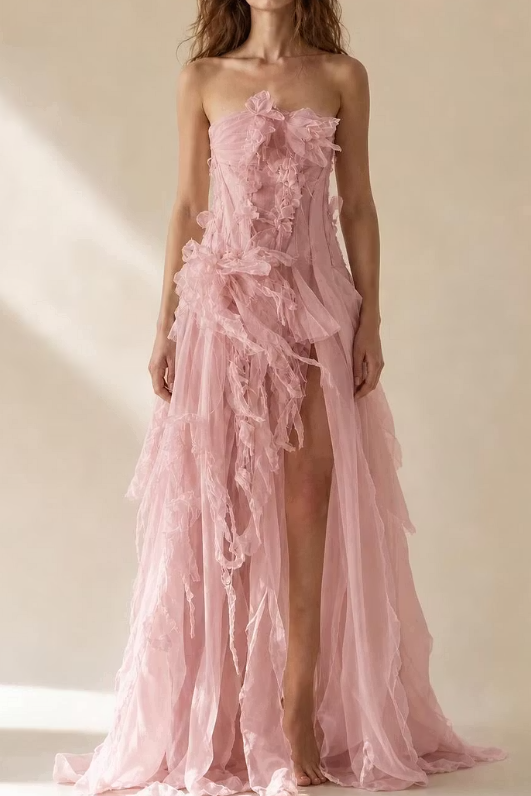 A-Line Strapless Empire-Waist Ruffles Long Prom Evening Dress with Slit
