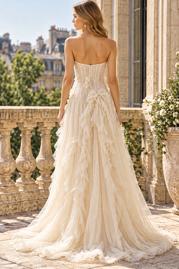 A-Line Strapless Empire-Waist Ruffles Long Prom Evening Dress with Slit