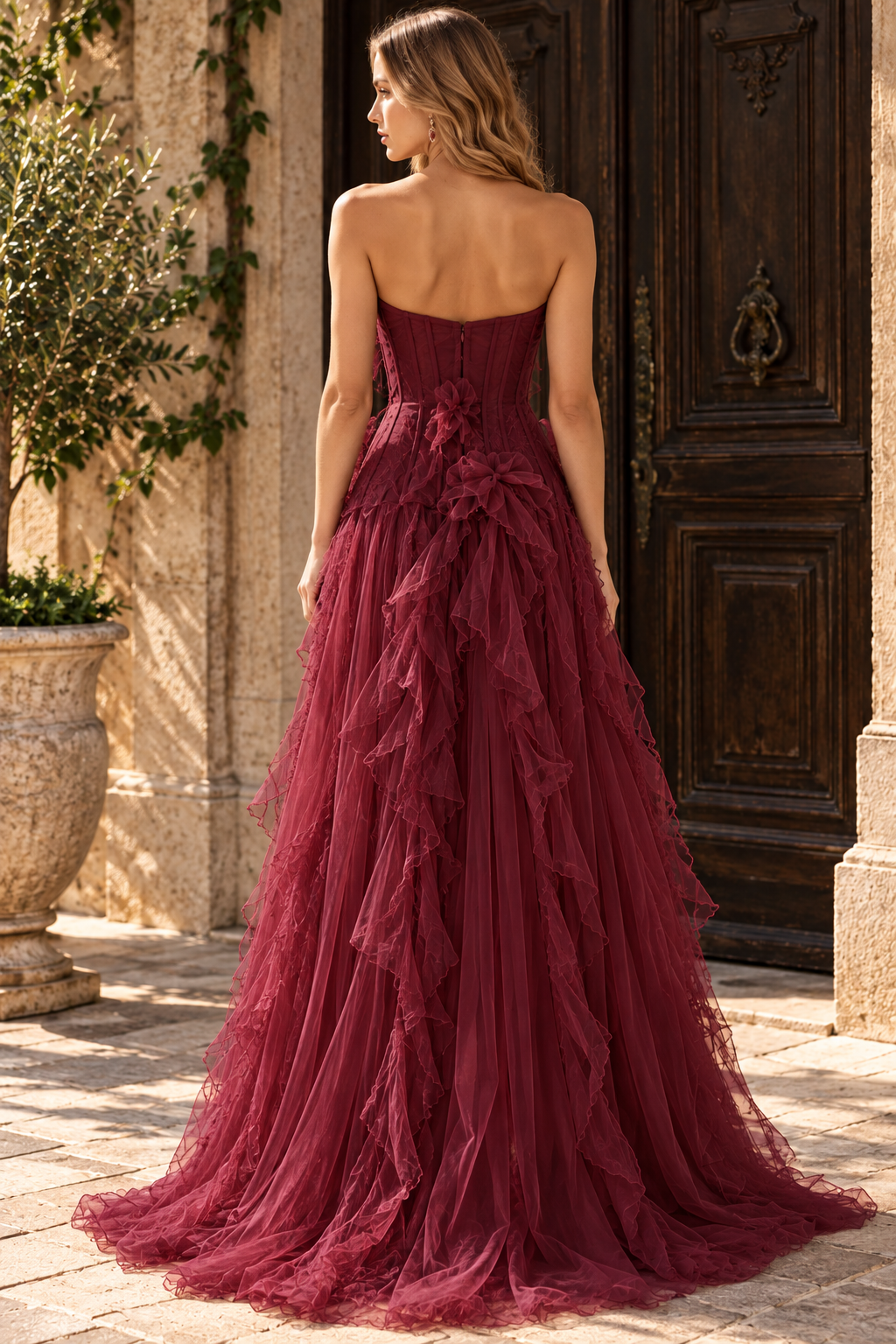 A-Line Strapless Empire-Waist Ruffles Long Prom Evening Dress with Slit