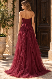 A-Line Strapless Empire-Waist Ruffles Long Prom Evening Dress with Slit