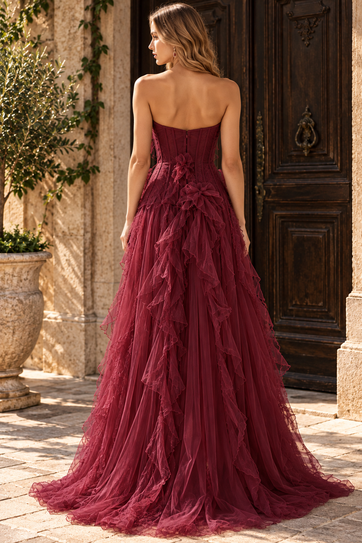 A-Line Strapless Empire-Waist Ruffles Long Prom Evening Dress with Slit
