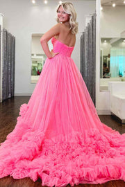 Pink A-Line Empire-Waist Strapless Sleeveless Long Prom Dress